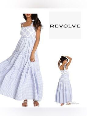 REVOLVE Light Blue & White Gingham Tie-Shoulder Maxi Dress
